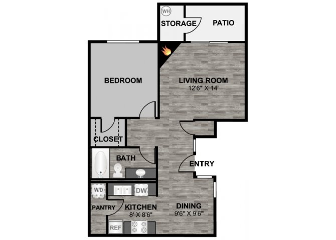 1 bedroom 1 bathroom 733 sq ft floor plan at 255 North Apartments in Tucson, AZ
